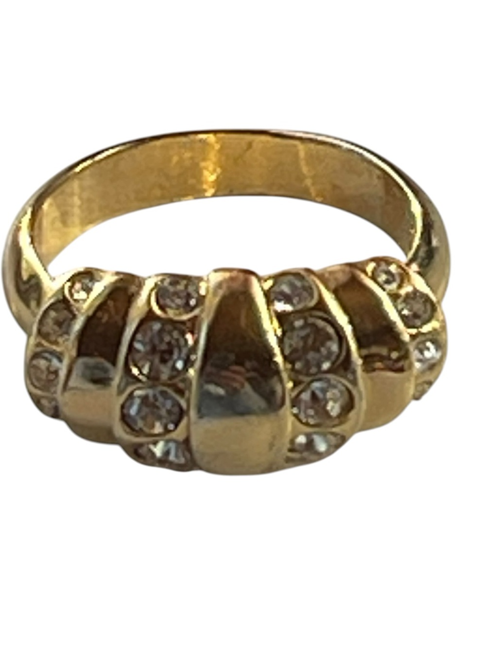 Vintage Gold Tone Rhinestone Shrimp Dome Cocktail Ring Size 10